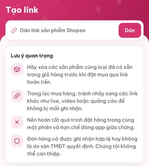 Màn hình Tạo link trong app Lụm Lúa